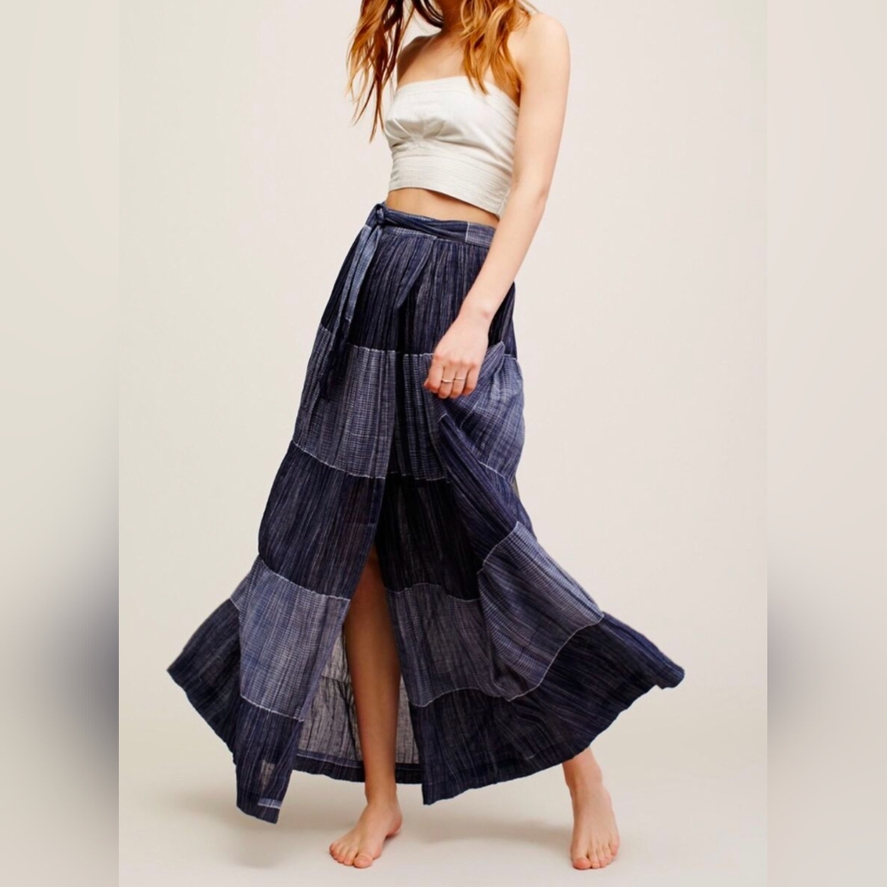 Free People Wild Winds Chambray Tiered Wrap Maxi Skirt   M / L